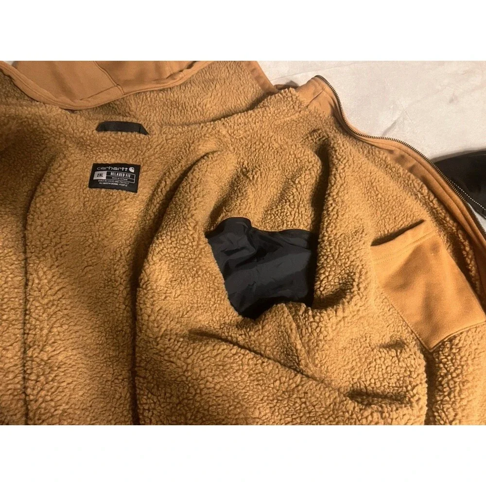 Carhartt Rain Defender Sherpa Lined Jacket Hoodie Mens 2XL Tan NWOT TS3308-M